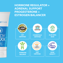 Load image into Gallery viewer, BodyMaxx is a hormone regulator plus adrenal support plus progesterone plus estrogen balancer, USP certified, 9 Essentials Certified, aloe vera base, supports hormone balance, GMP certified, and supports strong bones and bone density