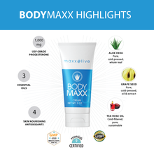 Load image into Gallery viewer, BodyMaxx ingredient highlights: USP Grade Progesterone 1,000 mg, 3 essential oils, 4 skin nourishing antioxidants, cold-pressed, whole-leaf aloe vera, pure, cold-pressed grape seed extract and oil; cold-filtered, pure sustainable tea rose oil; GMP compliant and 9 Essentials Certified