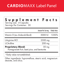 Load image into Gallery viewer, CardioMAXX supports circulation, improves blood flow, and helps you feel more vibrant; containing per serving: Vitamin D 5,000IUs, L-Arginine 2.5 grams,  L-Citrulline 200 mg, and 50 mg proprietary blend: pomegranate fruit, beet juice, and bentonite.