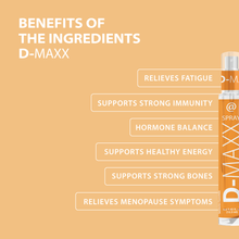 Load image into Gallery viewer, Benefits of the ingredients in D-Maxx include: relieves fatigue, supports strong immunity, natural hormone balance, supports healthy energy, supports strong bones, relieves menopause symptoms