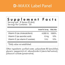 Load image into Gallery viewer, D-Maxx contains: vitamin D, vitamin C, vitamin E, peppermint oil, stevia leaf extract and glycerin in each microsomal spray