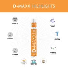 Load image into Gallery viewer, D-Maxx Highlights include: 4,000 IUs of vitamin D3 per serving, 6 mg of vitamin C per serving, 3 IUs of vitamin E per serving, promotes strong bones, strong immunity, and natural hormone balance; and is GMP compliant, 9 Essentials Certified, and gluten-free