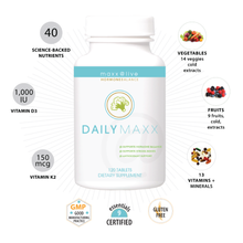 Load image into Gallery viewer, DailyMaxx contains 40 science-backed ingredients, 1,000IU of vitamin D3, 150 mcg of Vitamin K2, 14 cold-extract vegetables, 9 cold-extract fruits, 13 vitamins plus minerals; produced with Good Manufacturing Practice, 9 Essentials Certified and gluten-free.