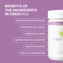 Load image into Gallery viewer, Benefits of the ingredients in FiberMaxx: removes excess estrogen, promotes gut health, supports natural hormone balance, supports healthy digestion, reduces bloating, and reduces constipation
