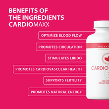 Load image into Gallery viewer, Benefits of the ingredients of CardioMaxx include: optimize blood flow, promoted circulation, stimulates libido, promotes cardiovascular health, support fertility, promotes natural energy