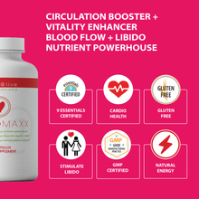 Load image into Gallery viewer, CardioMaxx circulation booster plus vitality enhancer plus blood flow plus libido nutrient powerhouse that is certified to be a part of the 9 essential nutrients proven to support natural hormone balance, supports cardio health, is gluten-free, stimulates libido, is GMP certified and a natural source of energy.