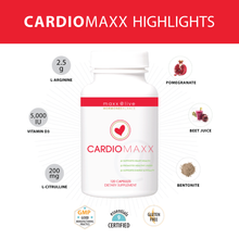 Load image into Gallery viewer, CardioMAXX contains: 2.5 grams of L-Arginine per serving, 5,000IUs Vitamin D per serving, 200 mg Citrulline per serving, and pomegranate, beet juice and bentonite; and is certified GMP, 9 Essentials Certified, and gluten-free